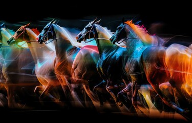 AI generated illustration of colorful horses running in a row against a blurred black background