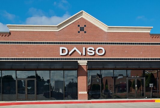 Daiso storefront exterior front view in Houston, TX USA on 09-24-2023. Japanese dollar store retail business with locations worldwide.