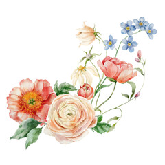 Watercolor bouquet of peony, ranunculus, forget-me-not and leaves. Hand painted card of floral elements isolated on white background. Holiday flowers Illustration for design, print background. - 731714334