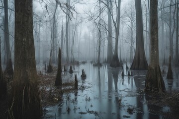 AI-generated illustration of a swamp surrounded by leafless trees on a foggy day.