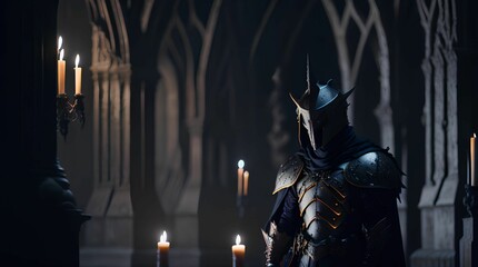 Fototapeta na wymiar AI generated illustration of a knight in an armor in shadowy hallway filled with ornamental candles
