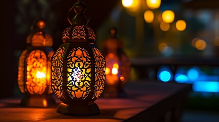 Traditional Arabic lantern lit up for celebrating holy month of Ramadan. Bokeh lights surrounding Ramadan concept