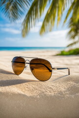 Fototapeta na wymiar Sunglasses on Tropical Beach with Palm Trees