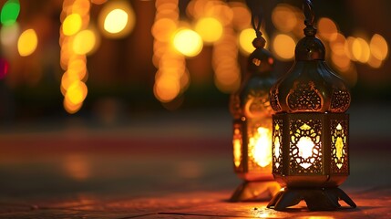 Traditional Arabic lantern lit up for celebrating holy month of Ramadan. Bokeh lights surrounding Ramadan concept