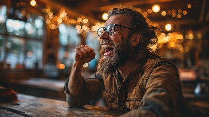 man with long beard sitting at bar drinking milkshake - obrazy, fototapety, plakaty