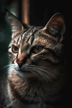 a cat sitting near a window looking towards the camera with a sad look