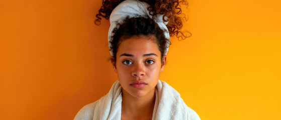  A young woman with curly hair wrapped in a white towel poses against an orange background.