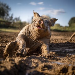 AI-generated illustration of a happy pig lounging in a dirt pit.