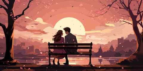 Couple sweet kissing siting on bench in park romantic scenery pastel vector illustration in concepts cute kawaii anime manga style - obrazy, fototapety, plakaty