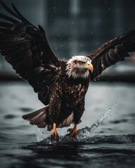 AI generated illustration of A bald eagle descending on the surface of a tranquil lake