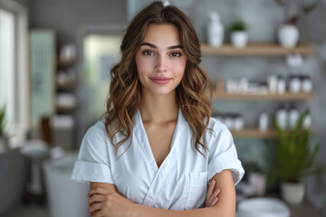 Confident young female doctor sitting in a modern office, holding a stethoscope with crossed arms, conveying a positive and friendly demeanor on a white background.