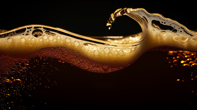  Pouring beer with bubble froth in glass for background on front view wave curve shape texture foam champagne bottle and champagne 
