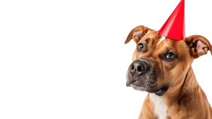 Dog wearing party hat. Young dog birthday concept with copy space isolated on white background.