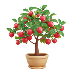 3d cartoon illustration of an apple tree in a pot,with many fruits isolated on a transparent background