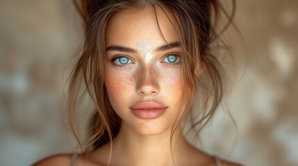a girl with freckles on her shoulders and a large blue eye - obrazy, fototapety, plakaty