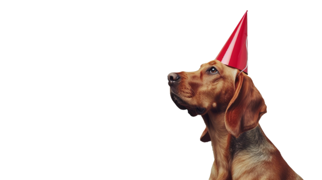 Dog wearing party hat. Young dog birthday concept with copy space isolated on white background.