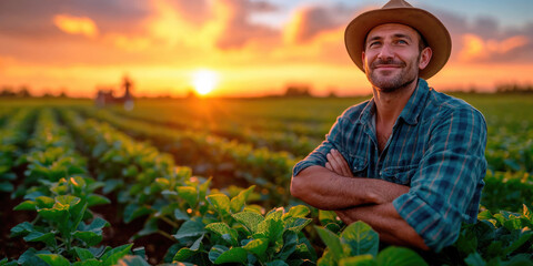 A smiling farmer in a straw hat stands proudly in a lush field at sunset, reflecting a day's hard work and connection to the land.