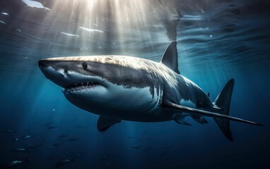 AI generated illustration of a magnificent great white shark swimming in a sun-drenched ocean
