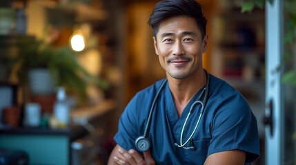 Naklejka premium a man in a blue scrub suit smiling for the camera