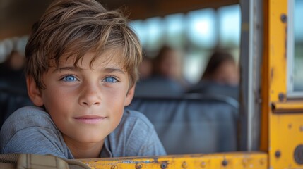 a young boy looks off the side of a bus as he stares out the window - obrazy, fototapety, plakaty