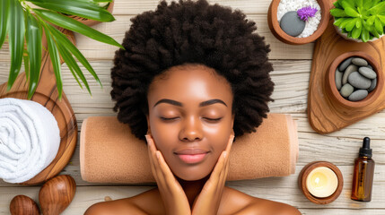  A contented woman with a natural afro hairstyle relaxes during a spa treatment with an arrangement...