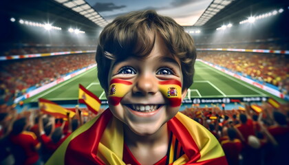 child boy soccer fun with painted face of flag Spain in football stadium