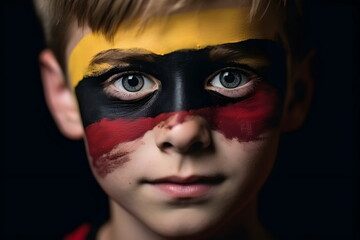 child boy soccer fun with painted face of flag Germany isolated on black background
