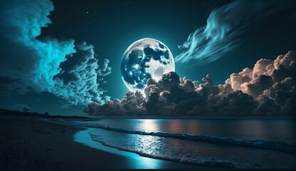 an moon and clouds are in the night sky over a beach