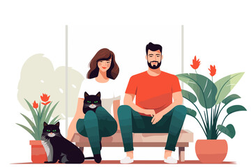 couple with cat vector flat minimalistic isolated illustration