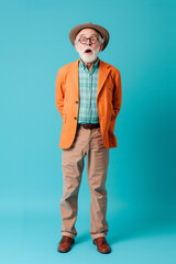 Fototapeta premium Photo portrait of senior man in blue and orange suit with amazed or surprised expression wearing orange hat. Grandpa is isolated on bright blue color background with copy space.