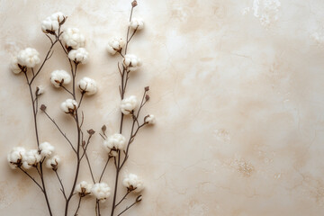 cotton branches on lignt beige background