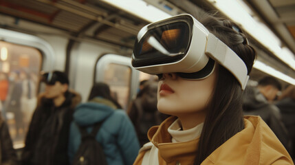 Young woman wearing vr glasses, headset, playing virtual games and watching videos outdoors. Close up Young girl with a small hands holding virtual reality glasses. Future is now. VR concept - Powered by Adobe