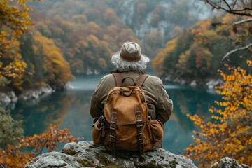 An elderly man is a traveler with a backpack in the autumn in the forest