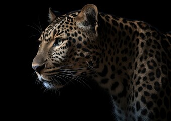 Beautiful leopard isolated on a dark background. AI-generated.