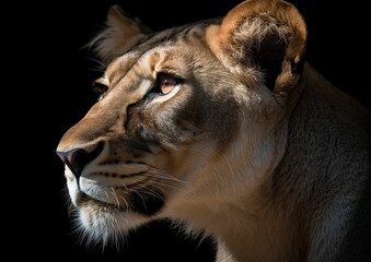 Majestic lioness illuminated by warm light. AI-generated.