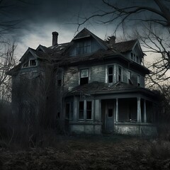 Fototapeta na wymiar an old dark and spooky mansion sitting empty on a farm