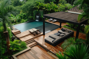 High view Interior design of a lavish side outside garden, with a teak hardwood deck and a black pergola. Scene day light with couches and lounge chairs by the pool, with many tropical trees