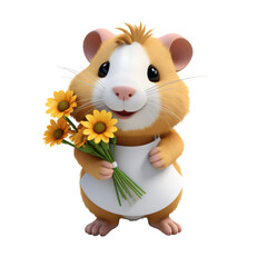  3D cartoon animal Guinea Pig with flowers 