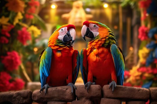 AI generated illustration of two parrots perched side by side on a wooden fence