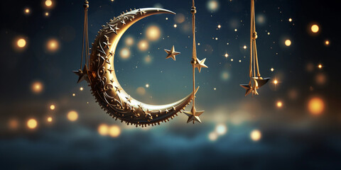 Crescent Moon and Sparkling Stars Eid Night, on an isolated Starry Sky Blue background, - obrazy, fototapety, plakaty