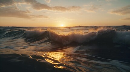 AI generated illustration of beautiful ocean waves during sunset flooding the shore