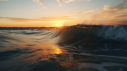Fototapeta na wymiar AI generated illustration of beautiful ocean waves during sunset flooding the shore