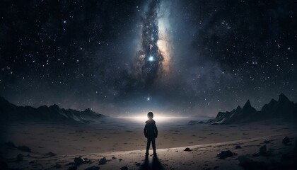 the man stands looking at the milky on an alien planet