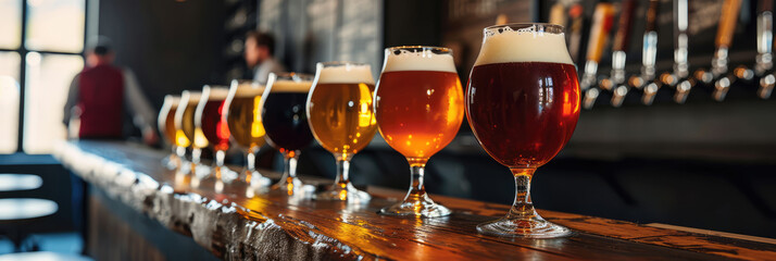 An array of beer glasses with varying colors and frothy tops line a bar, showcasing a diverse selection of brews against a backdrop of taps and bar ambiance. - obrazy, fototapety, plakaty