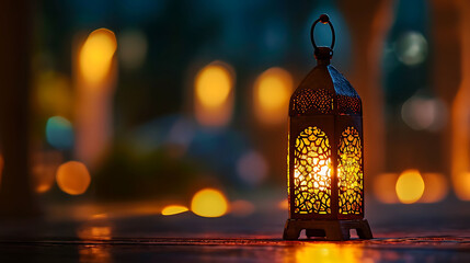 Traditional Arabic lantern lit up for celebrating holy month of Ramadan. Bokeh lights surrounding Ramadan concept - obrazy, fototapety, plakaty