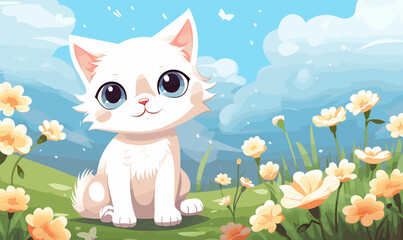 cute cat sitting on field of flowers, animal feline cartoon illustration