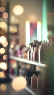 Vertical looped and blurred animation inside a beauty studio interior with a bokeh light effect