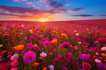 There are many magenta, teal, and orange wildflowers of different colors in a purple meadow. Generative AI.  F004