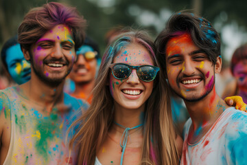 Fototapeta premium Holi festival. Happy friends with faces smeared in Holi colors, laughing and enjoying the vibrant, festive atmosphere together.