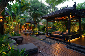 Interior design of a lavish side outside garden, with a teak hardwood deck and a black pergola.  Scene in the evening with couches and lounge chairs by the pool, with many tropical trees